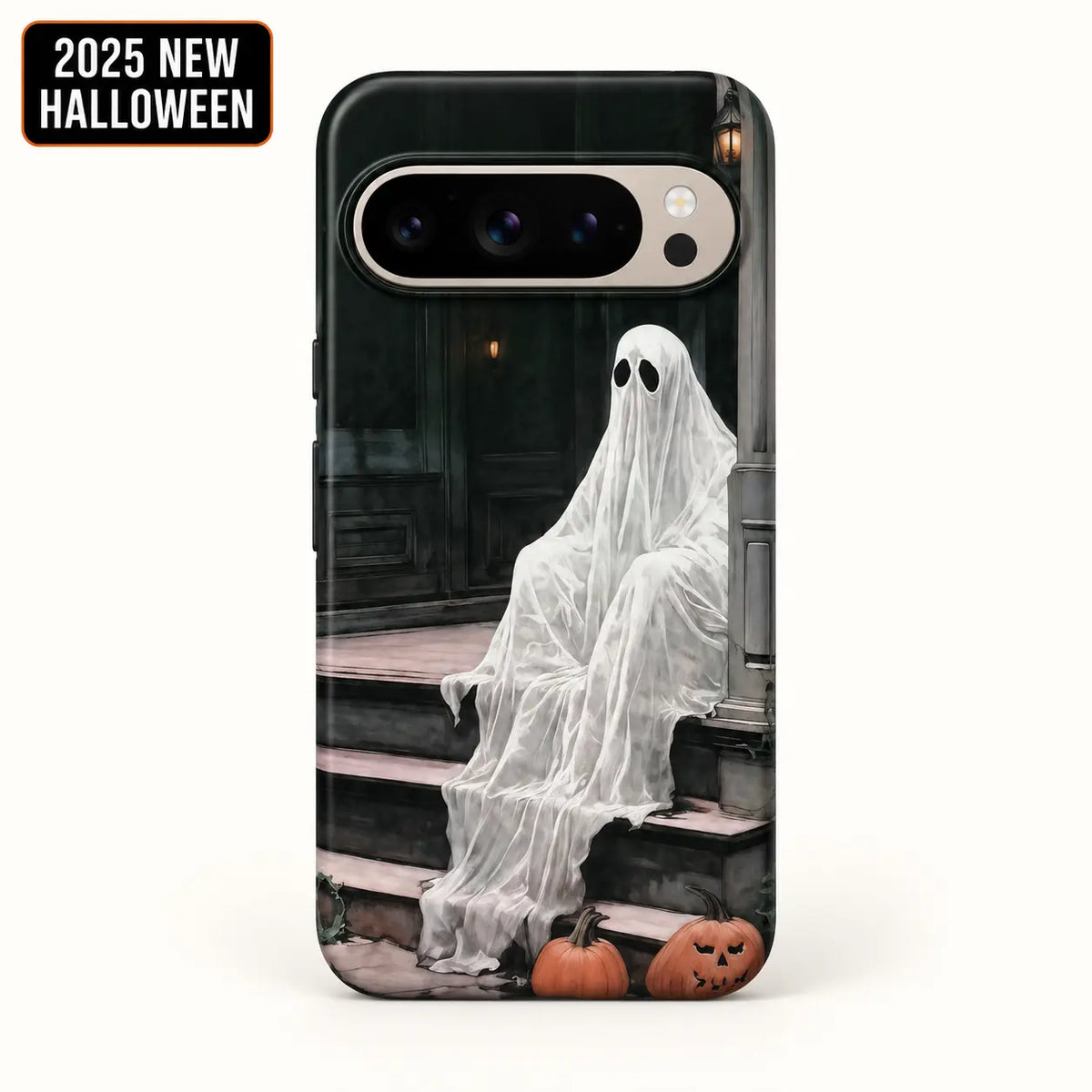 iPhone 16 dual-camera detail on Porch Ghost phone case