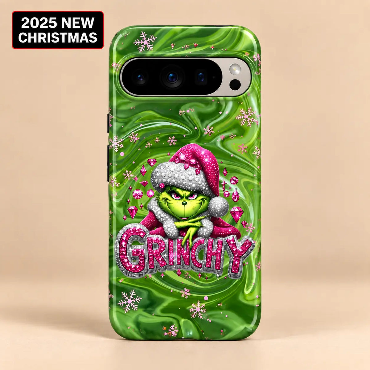 Grinchy Pink Jewel Christmas phone case for Google Pixel with sparkling pink snowflakes