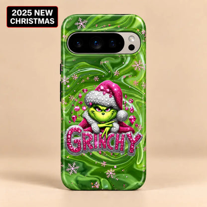 Grinchy Pink Jewel Christmas phone case for Google Pixel with sparkling pink snowflakes