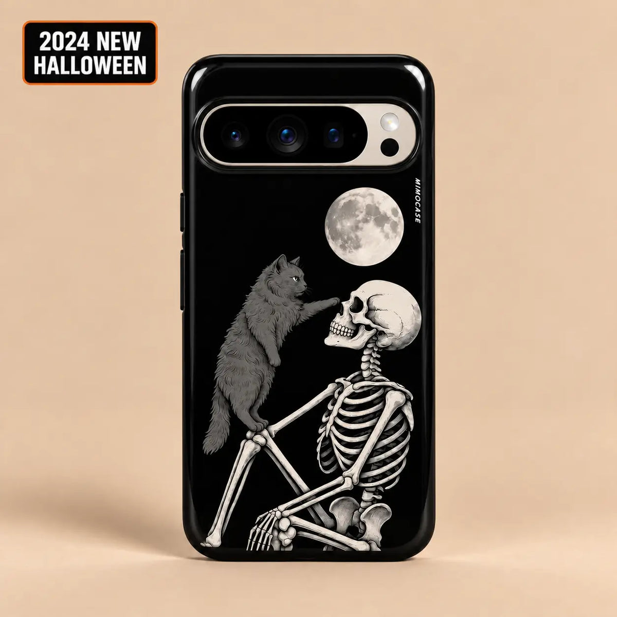 Moonlit Cat and Skeleton Halloween phone case for Google Pixel beneath a pale full moon
