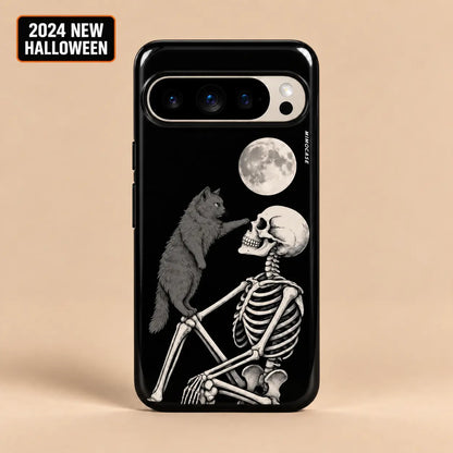 Moonlit Cat and Skeleton Halloween phone case for Google Pixel beneath a pale full moon
