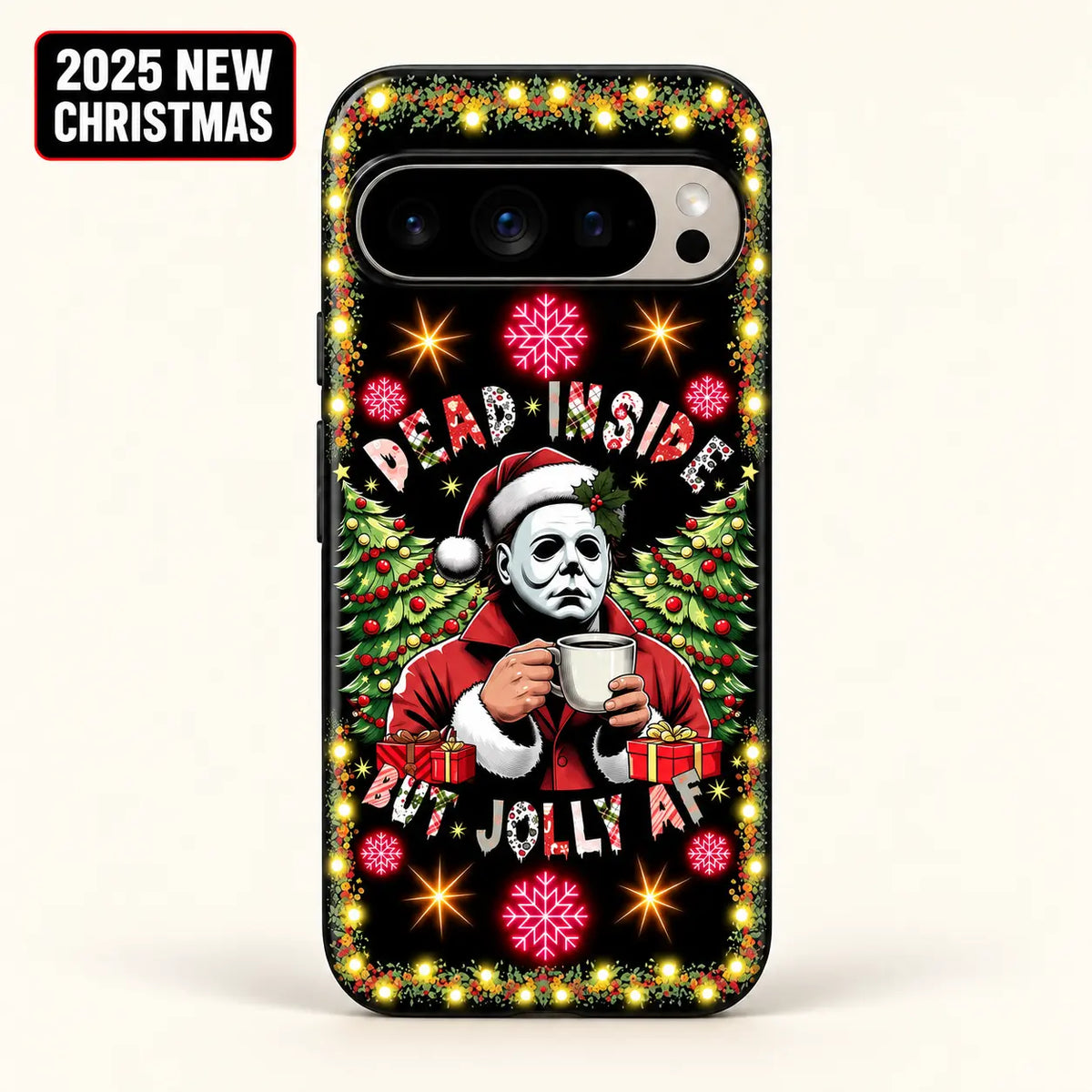 Dead Inside But Jolly Christmas phone case for Google Pixel with holiday lights and decorated trees