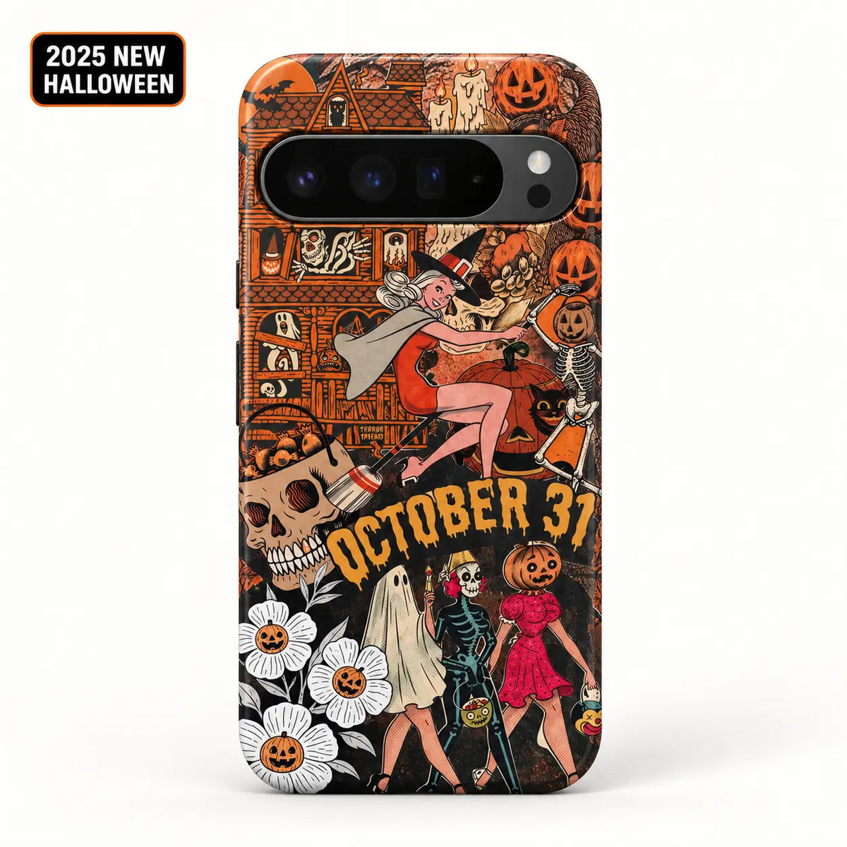 Vintage witch Google Pixel case with complete horizontal camera bar
