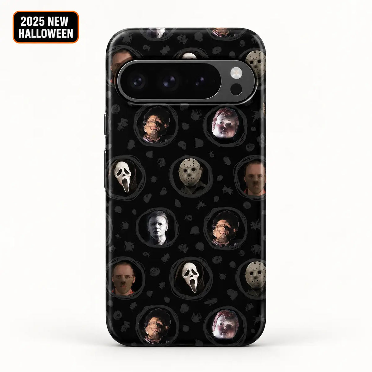 Horror movie mask portrait film phone case shown on Google Pixel 10 Pro XL