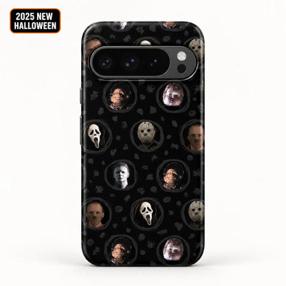 Horror movie mask portrait film phone case shown on Google Pixel 10 Pro XL