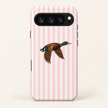 03-pixel-main.png: Google Pixel case: pink and white vertical stripes; one right-facing mallard with lowered wings.