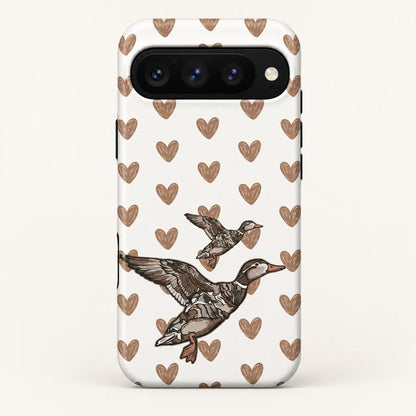 Google Pixel case: white background with sketch-style tan hearts; two flying ducks, one large and one small.