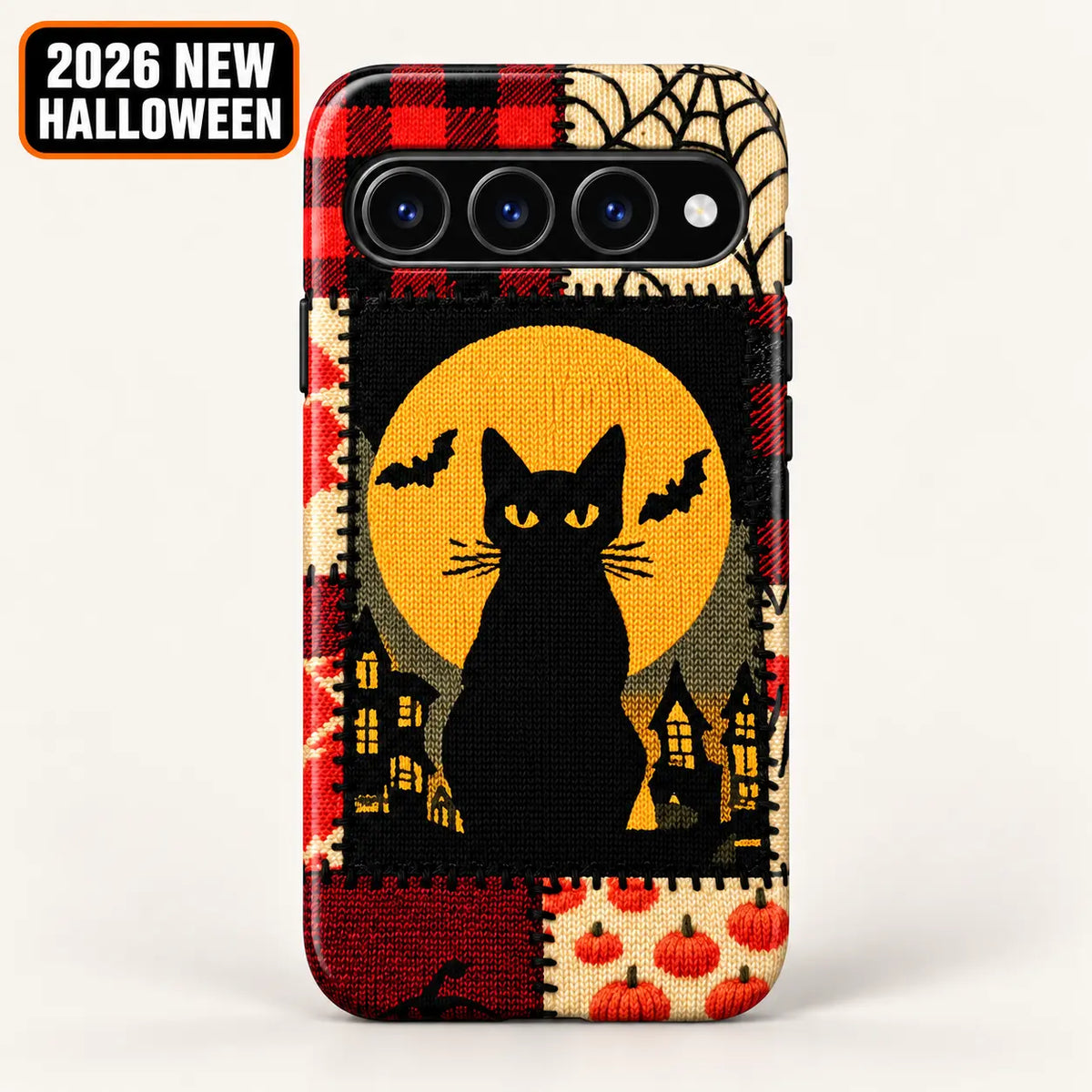 Google Pixel case with a black cat Halloween illustration and pumpkin patchwork border.
