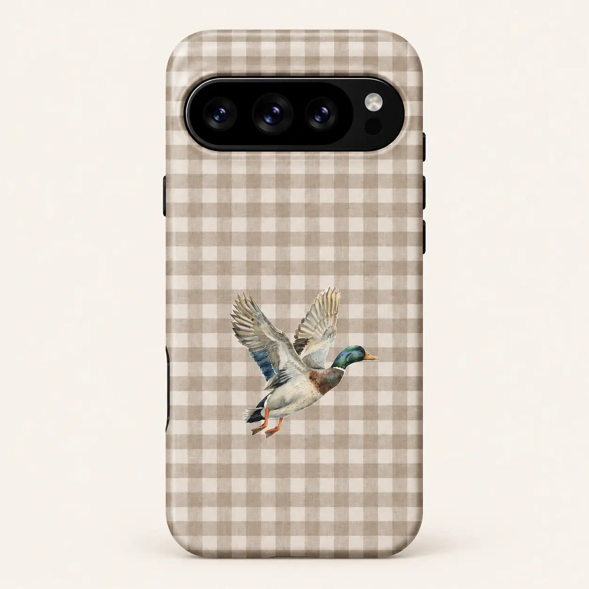 taupe and cream gingham checks; one watercolor mallard with raised wings.