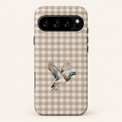 taupe and cream gingham checks; one watercolor mallard with raised wings.