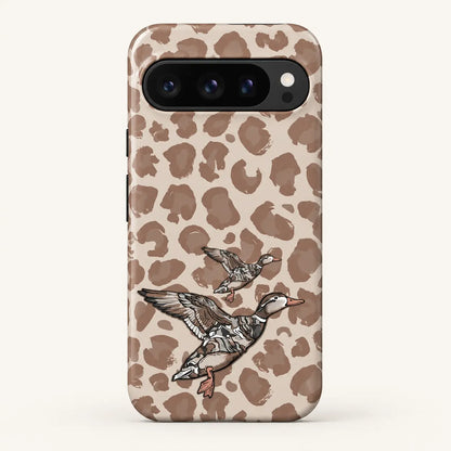 Google Pixel case: beige and taupe leopard spots; two flying ducks, one large and one small.