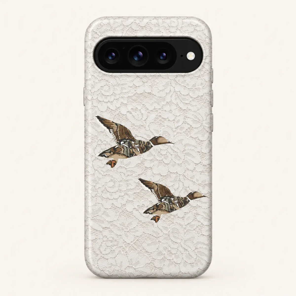 Google Pixel case: white floral lace print; two camouflage ducks.