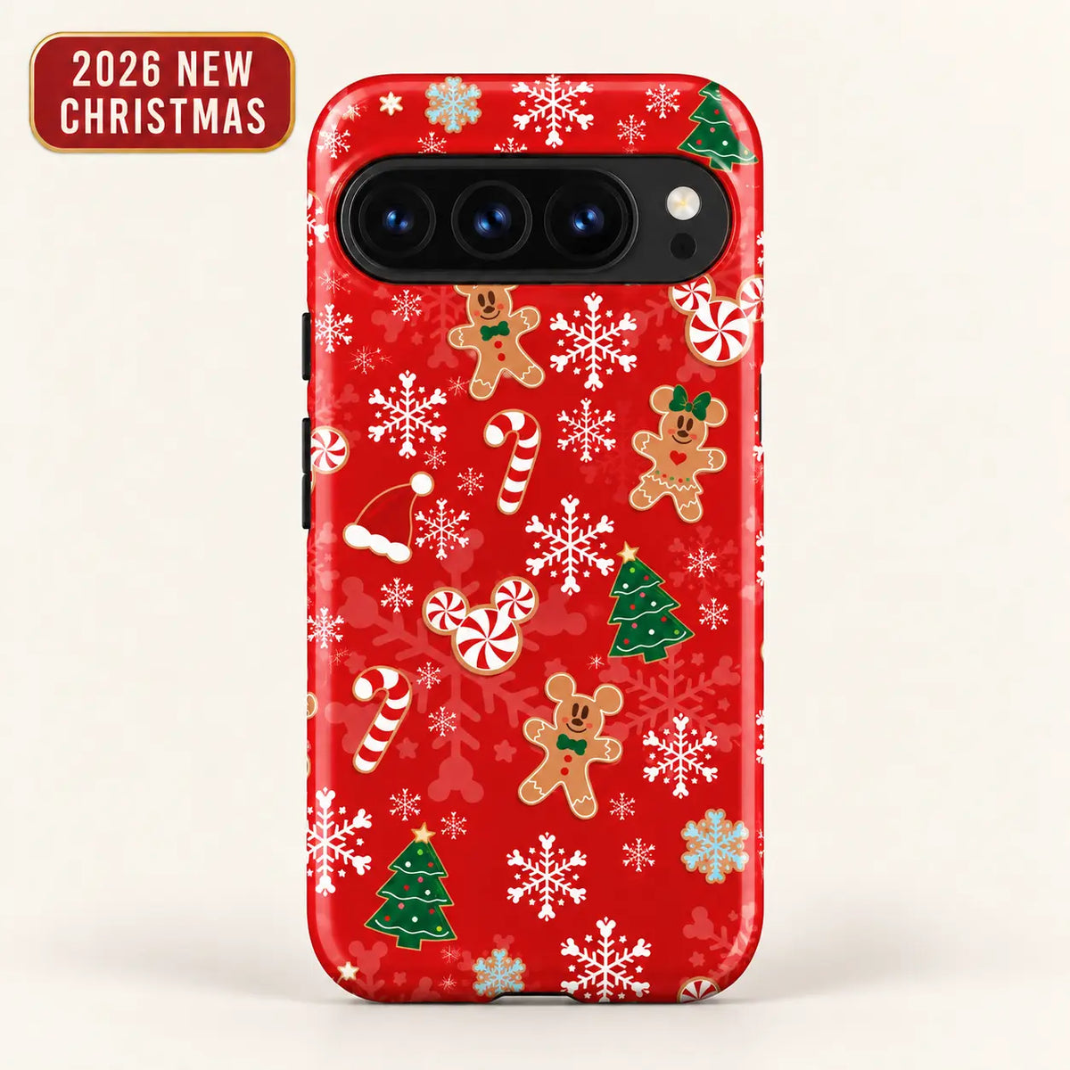 Google Pixel case featuring candy canes, gingerbread characters and snowflakes on red.
