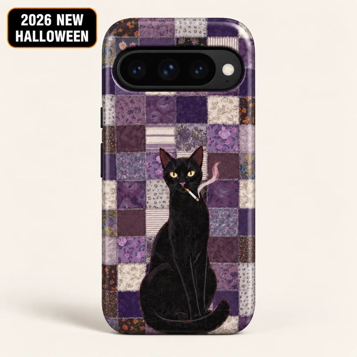 Google Pixel case with purple patchwork artwork and a black cat with a curling tail.