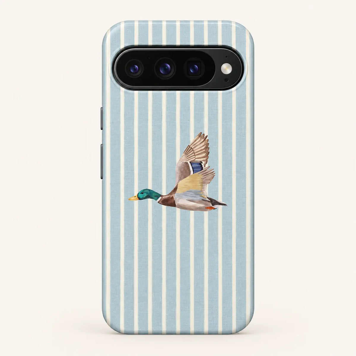 Google Pixel case: pale blue and cream vertical stripes; one left-facing watercolor mallard with raised wings.
