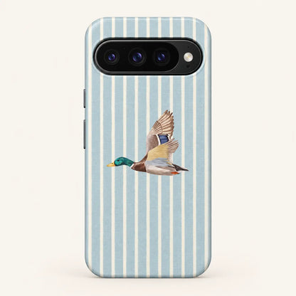 Google Pixel case: pale blue and cream vertical stripes; one left-facing watercolor mallard with raised wings.
