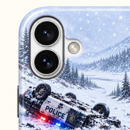 iPhone camera close-up with snowy forest print and raised surround