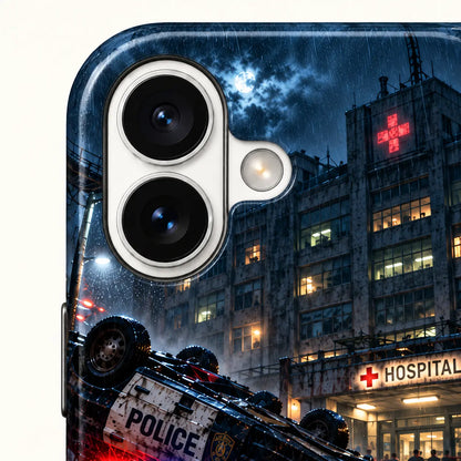 iPhone camera close-up with hospital print and raised surround