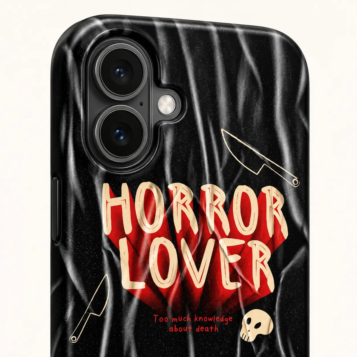 Camera corner close-up of Horror Lover iPhone case