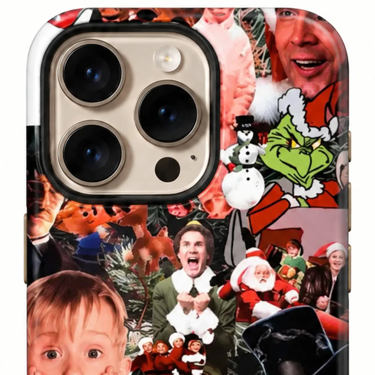 Close-up of the protected iPhone camera area on the Christmas collage case