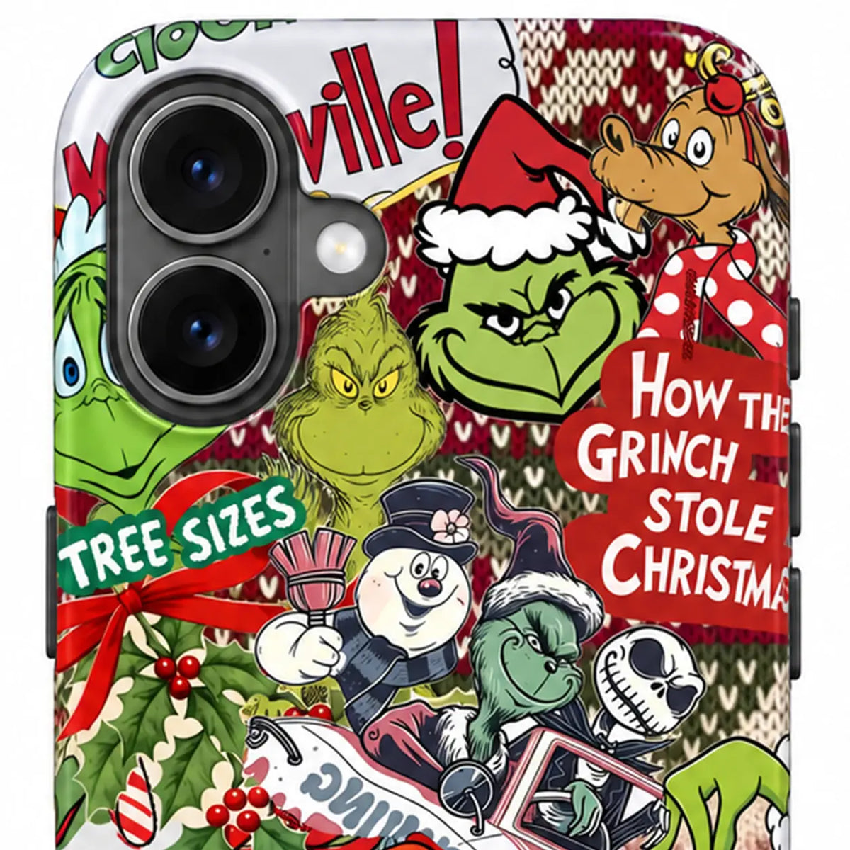 Close-up of the protected iPhone camera area on the Christmas collage case

