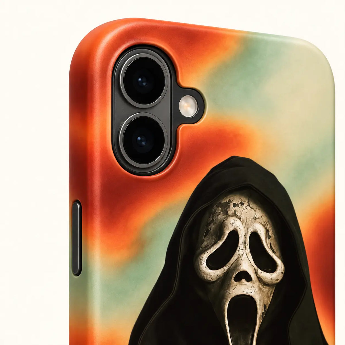 iPhone 16 dual-camera detail on Smoky Scream Mask phone case