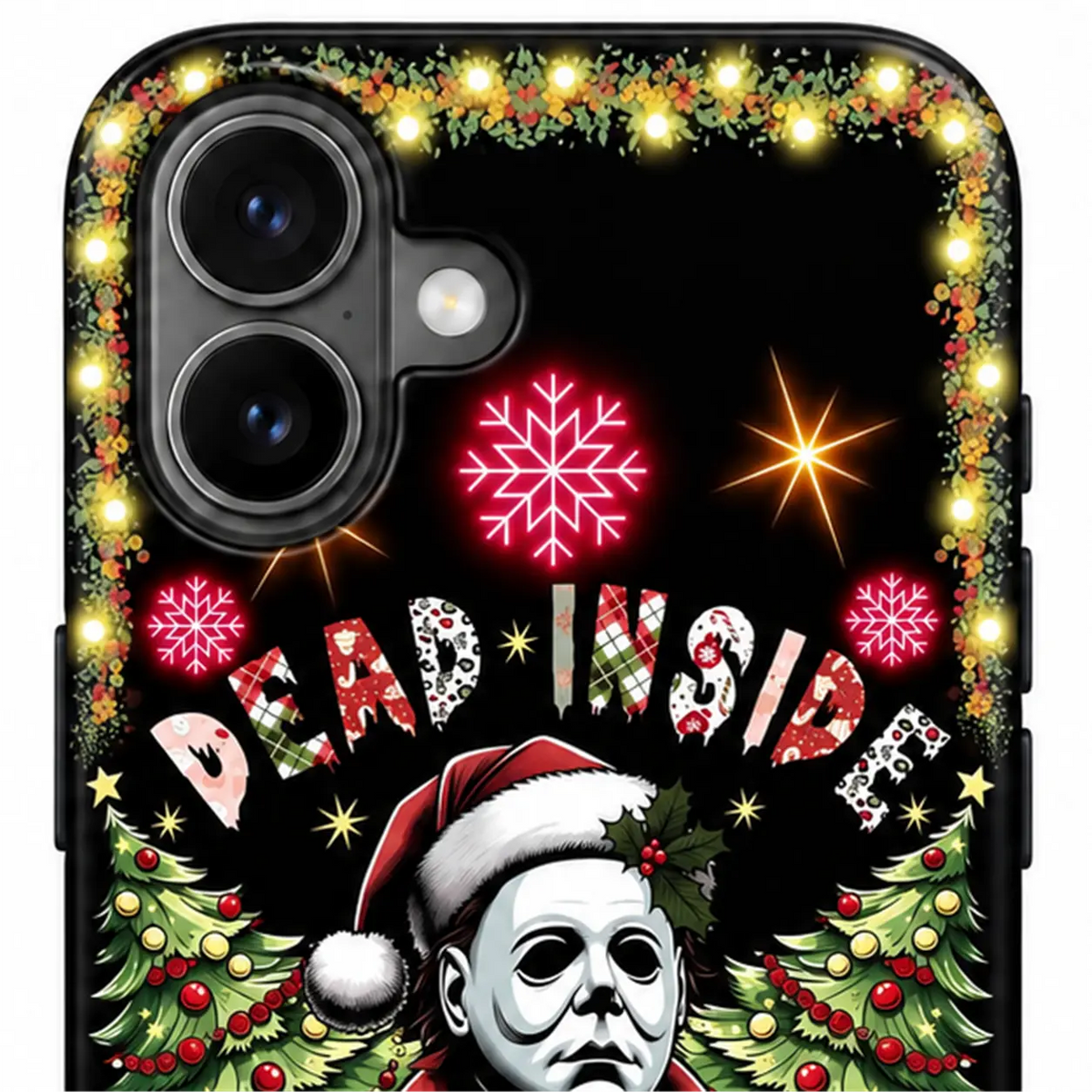 Close-up of the raised iPhone camera protection on the Dead Inside But Jolly Christmas case