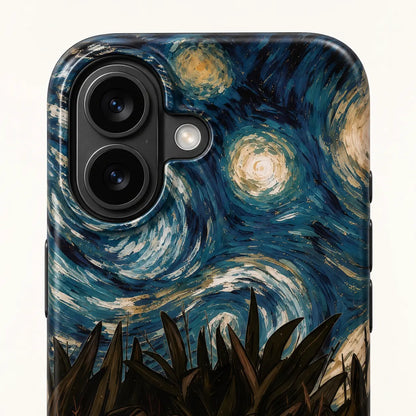 Close-up of the iPhone 16 camera protection with swirling night-sky artwork