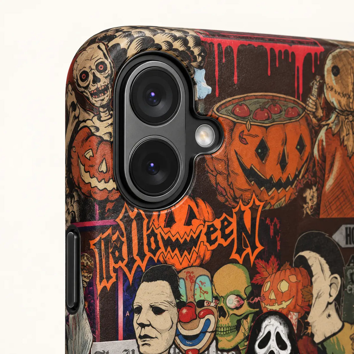 Close-up of iPhone 16 dual-camera opening on Retro Horror phone case