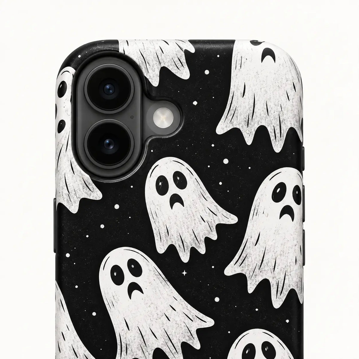 Close-up of the dual-camera protection on the Little Ghost iPhone case