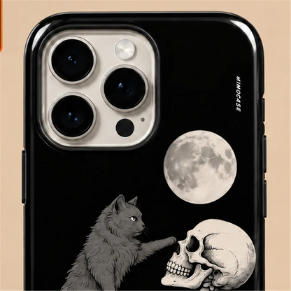 Close-up of raised iPhone camera protection on the Moonlit Cat and Skeleton case