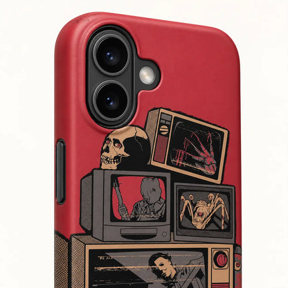 iPhone 16 dual-camera detail on Retro Horror TV phone case