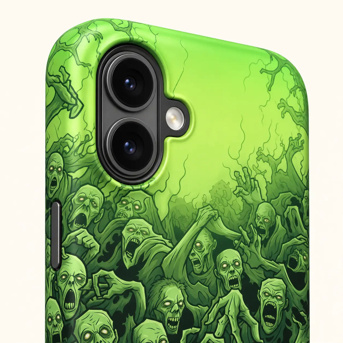 iPhone 16 dual-camera detail on green undead phone case