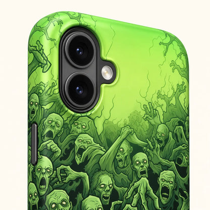 iPhone 16 dual-camera detail on green undead phone case