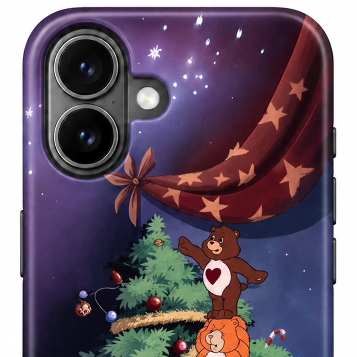 Close-up of the protected iPhone camera area on the purple Christmas case