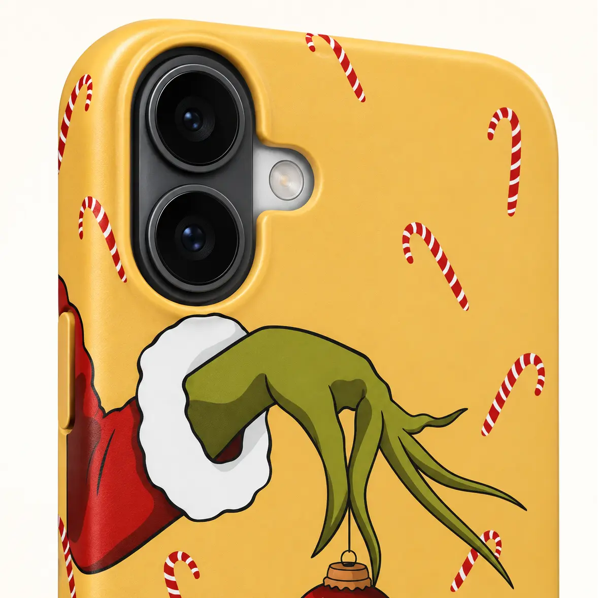 iPhone 16 dual-camera detail on Christmas candy cane phone case