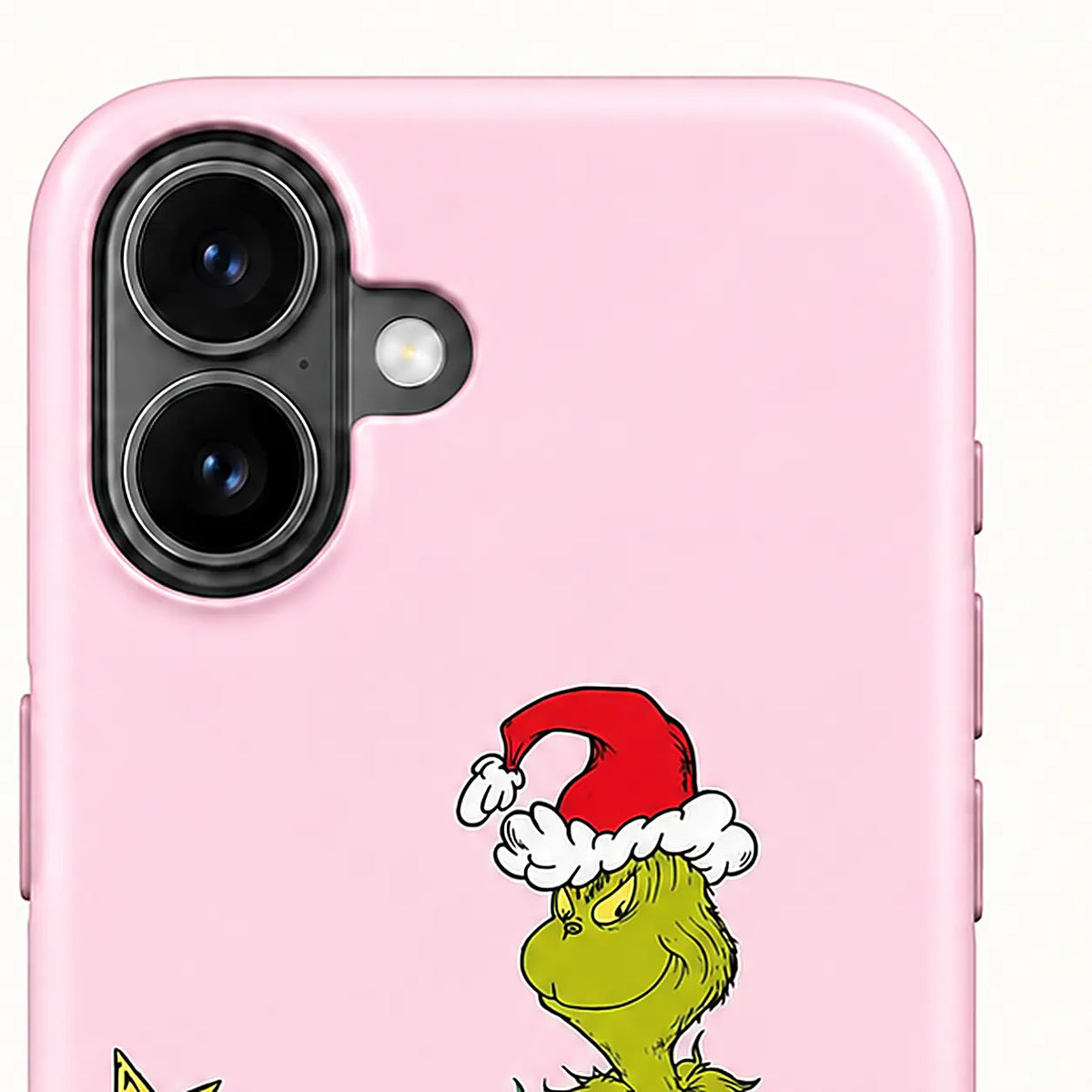 Close-up of the iPhone camera protection on the Pink Mean One Christmas Tree case