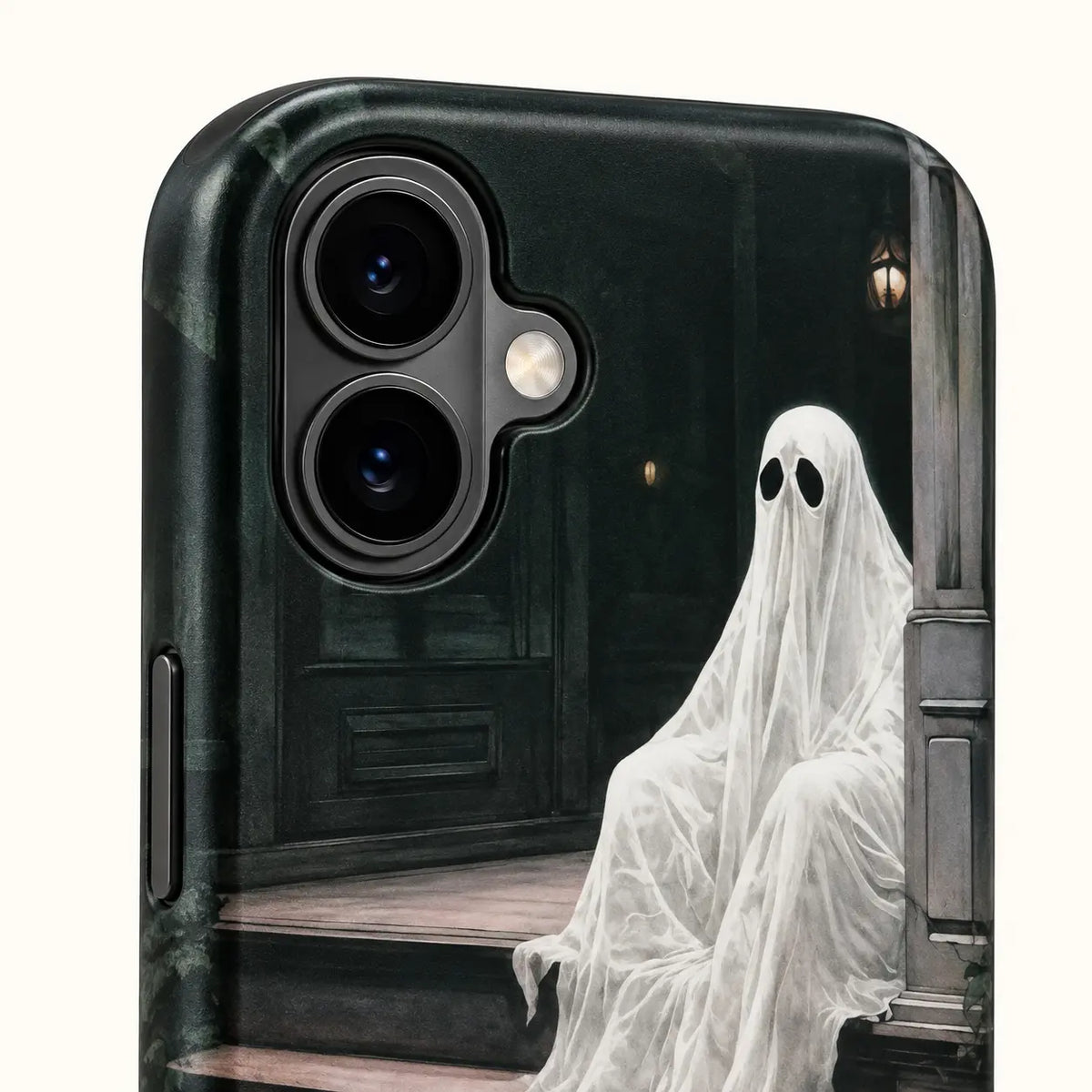 Three side button details on Porch Ghost iPhone case