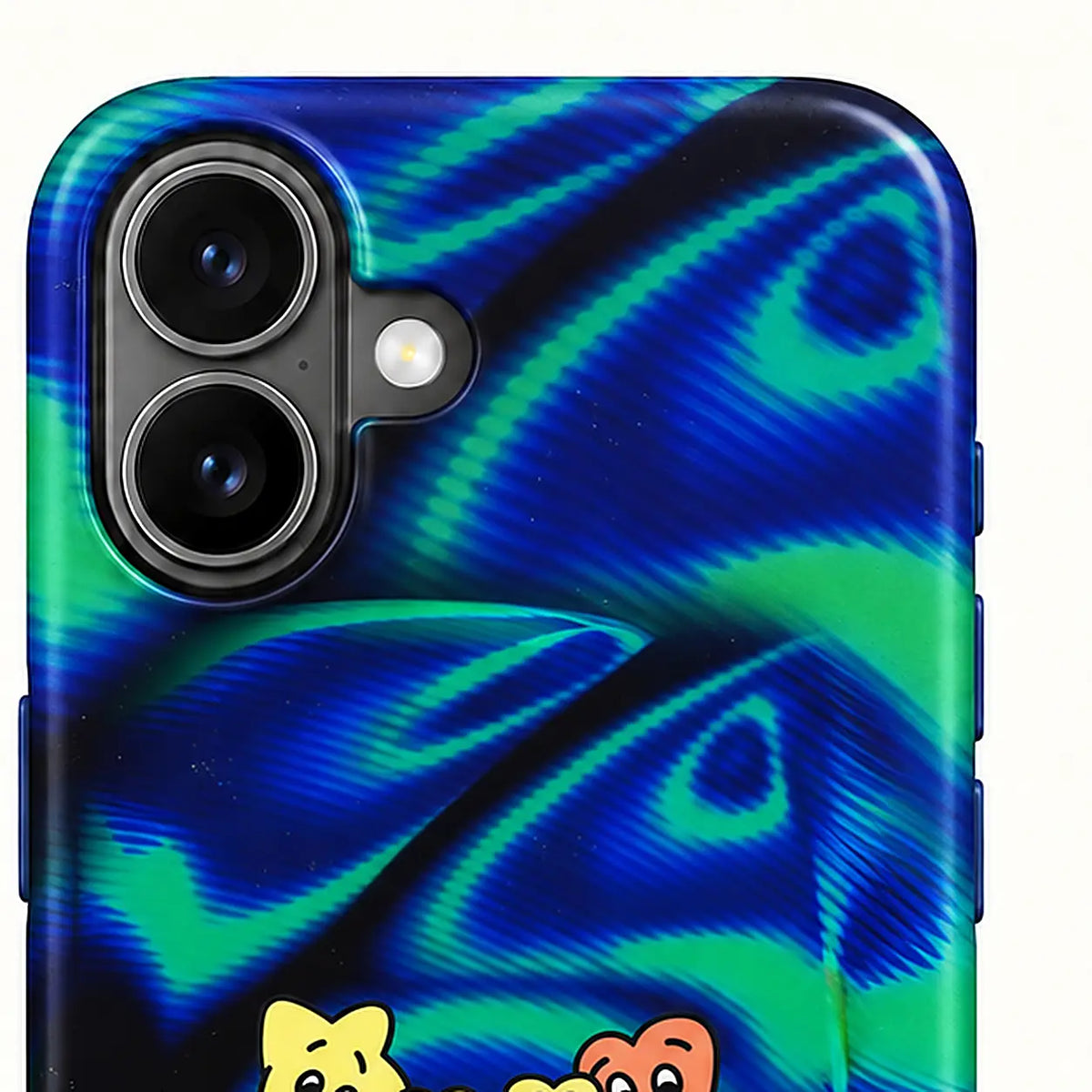 Close-up of the iPhone camera protection on the Blue Holiday Bear Christmas case