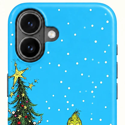 Close-up of the protected iPhone camera area on the blue Christmas phone case