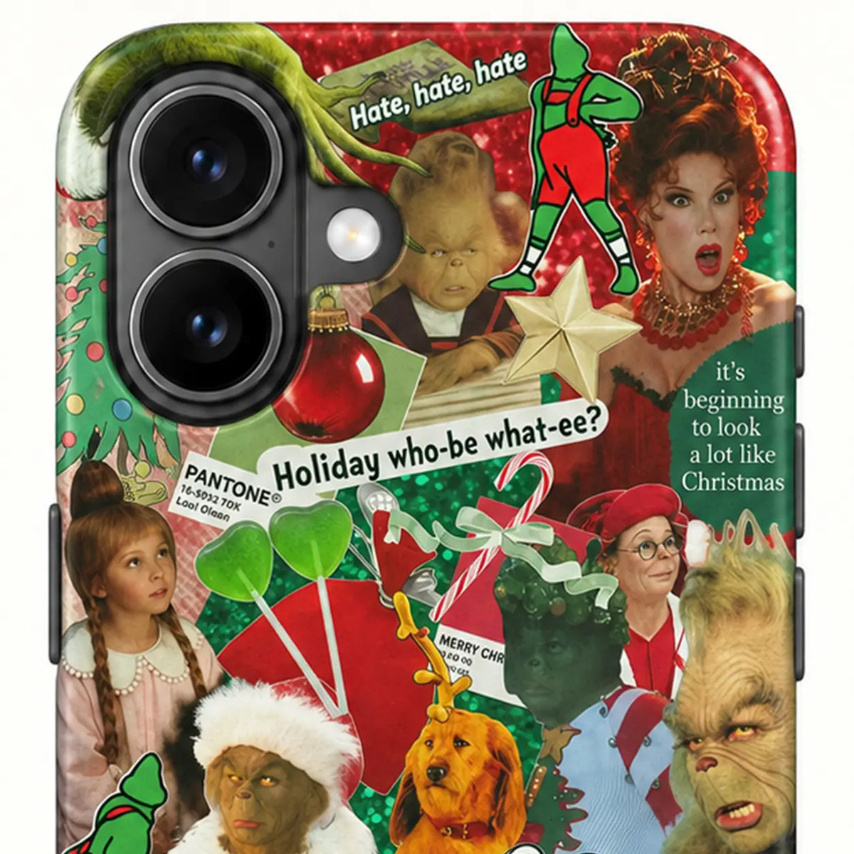 Close-up of the protected iPhone camera area on the Christmas collage case