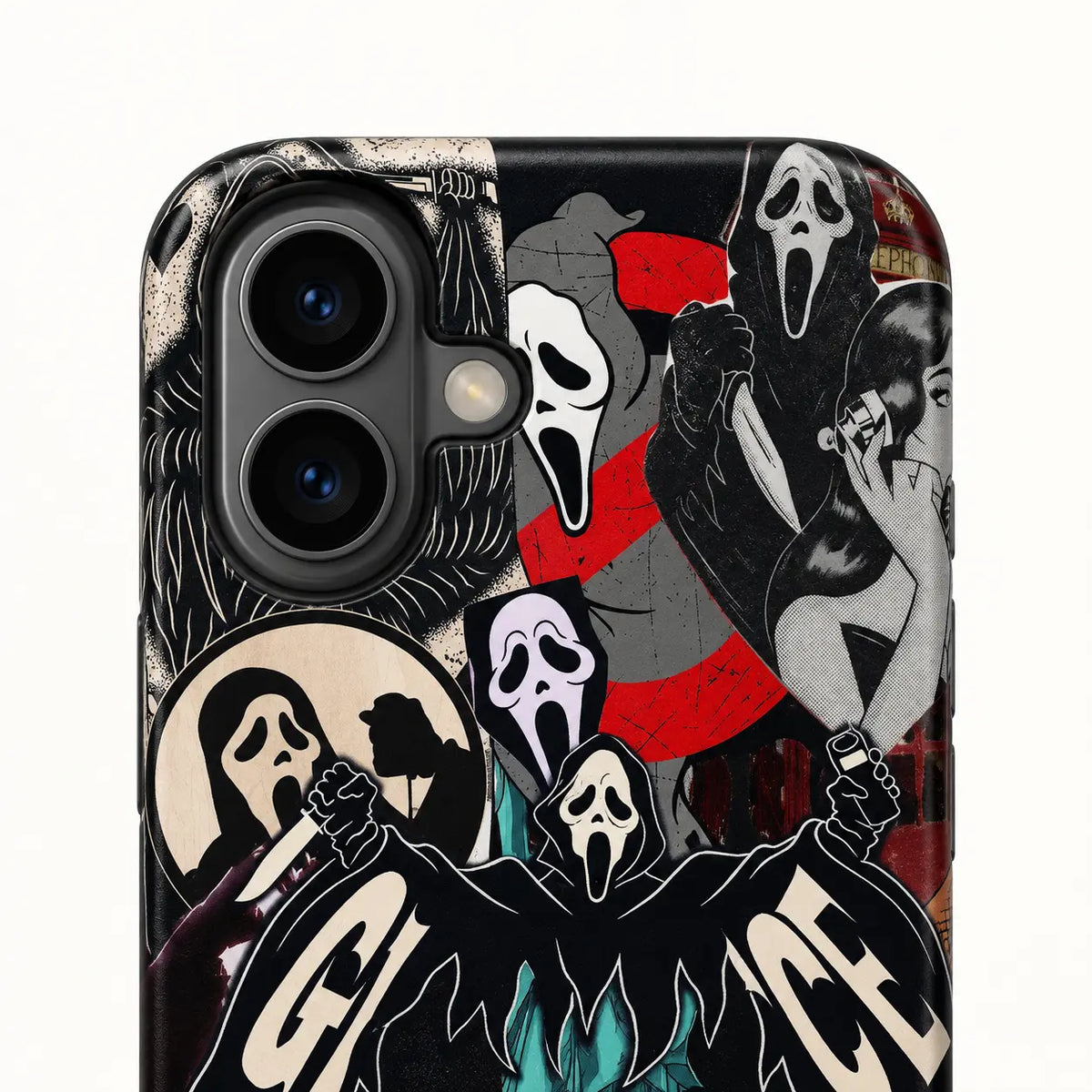 Close-up of the iPhone 16 camera protection on the Ghostface collage case