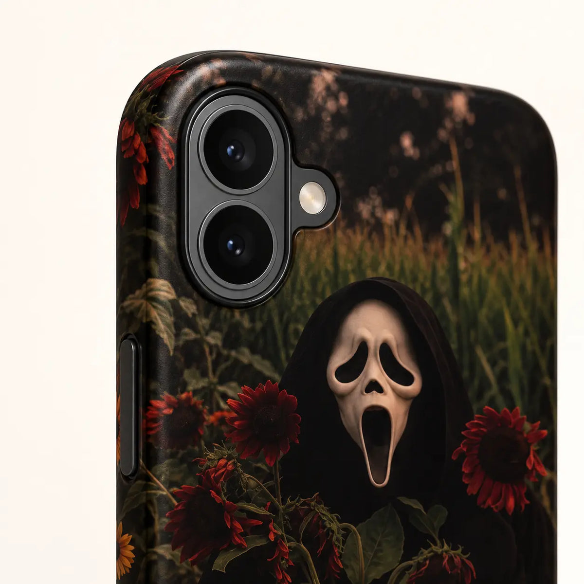 iPhone 16 dual-camera detail on Ghost Sunflower Field phone case