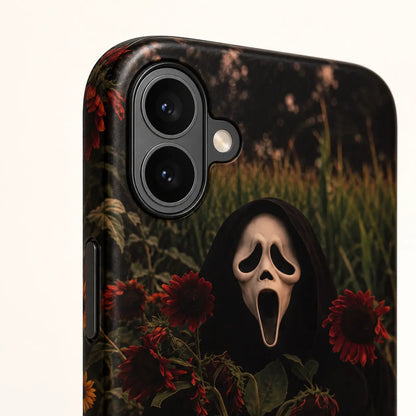 iPhone 16 dual-camera detail on Ghost Sunflower Field phone case