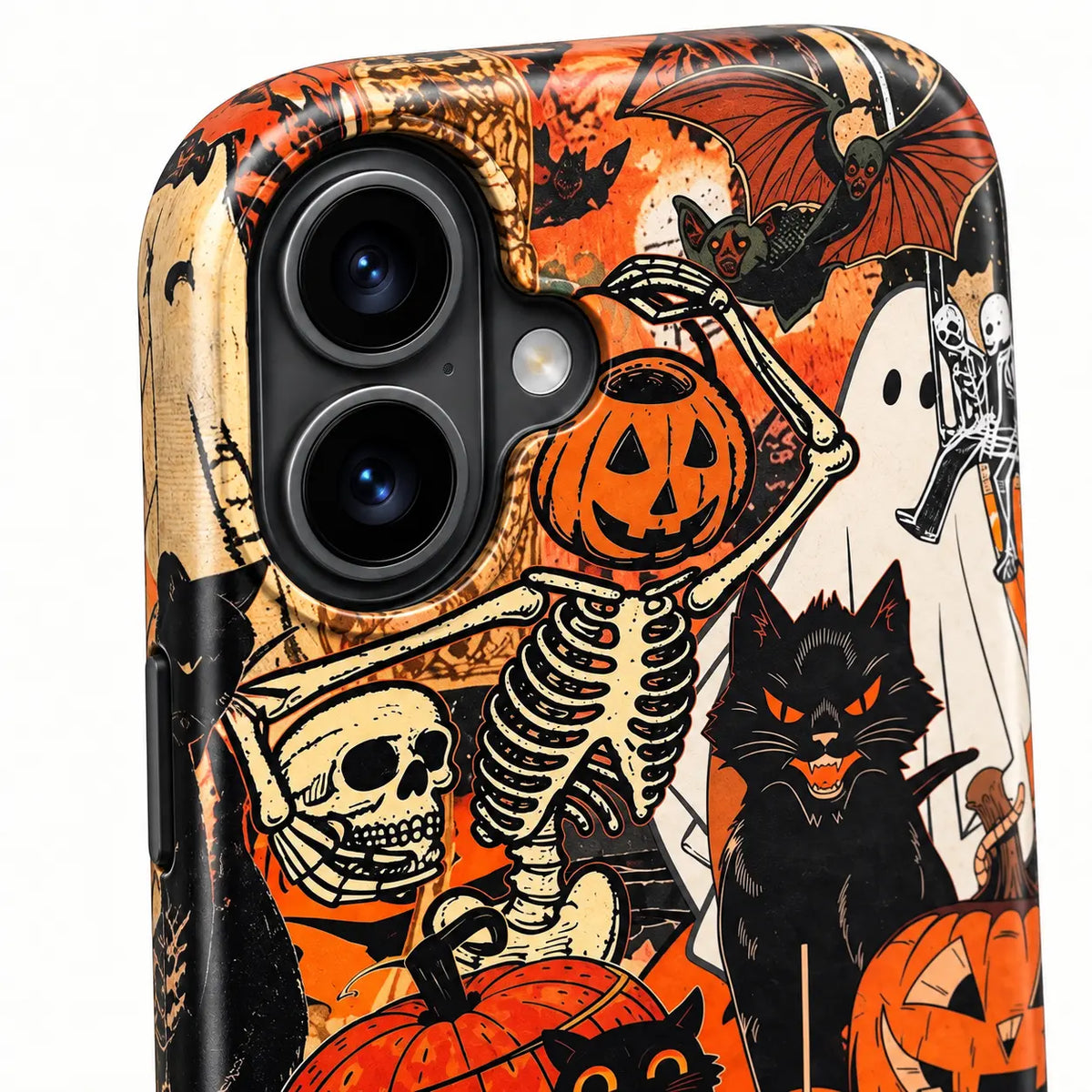 Close-up of connected iPhone camera protection on Halloween case