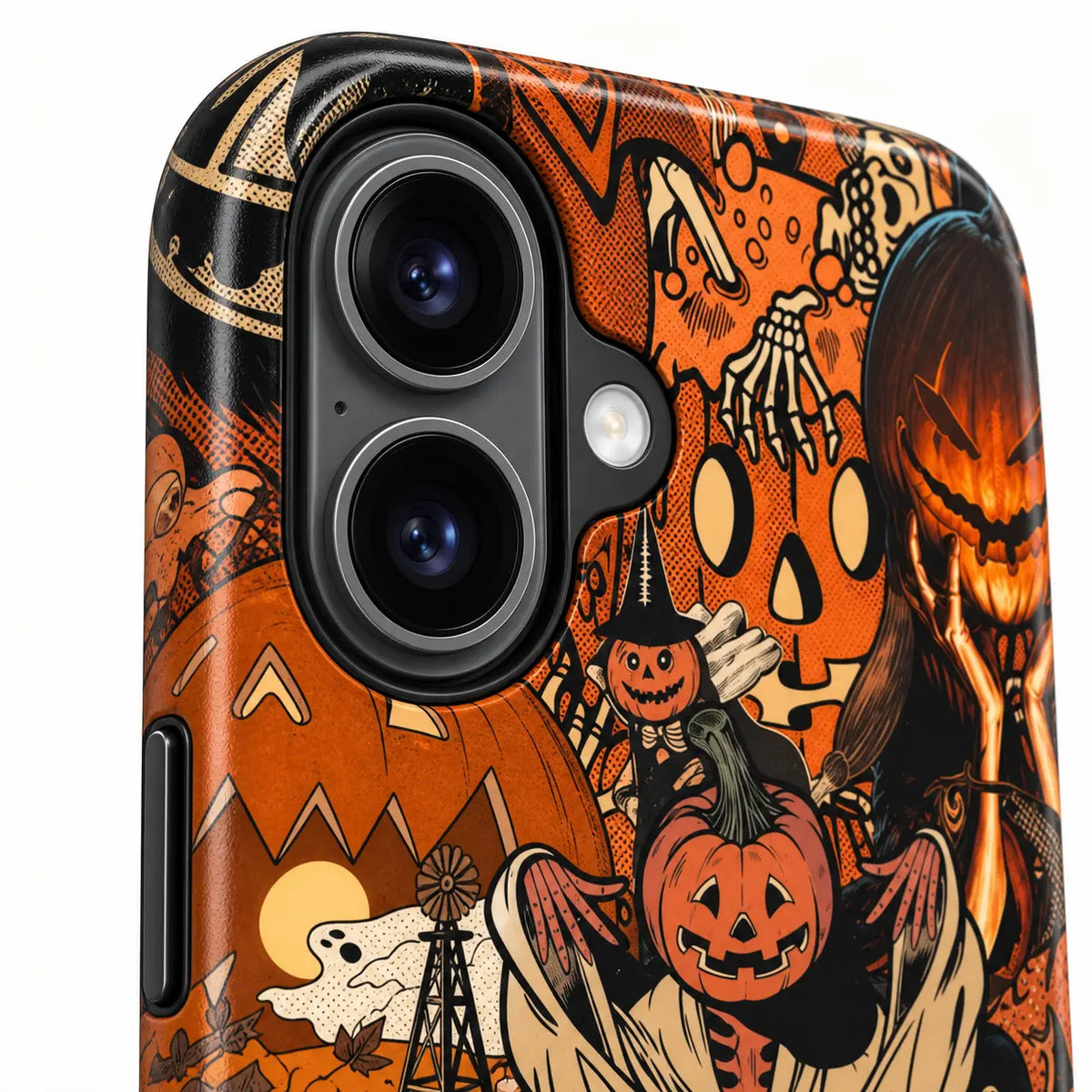 Close-up of connected iPhone camera module on pumpkin Halloween case