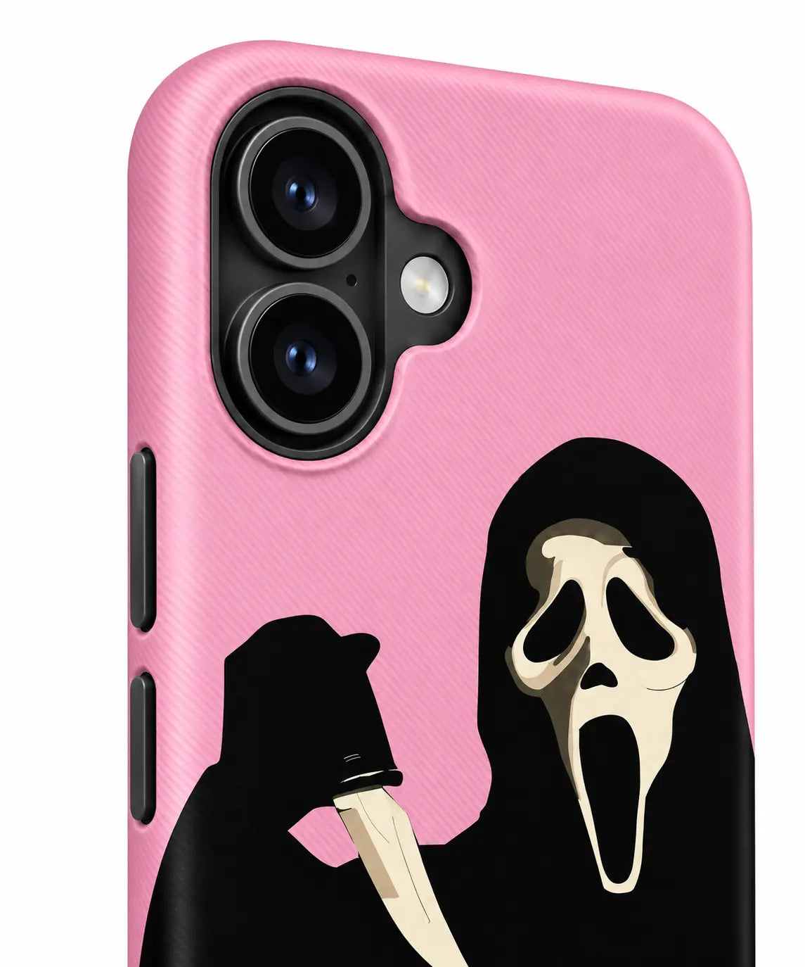 Connected iPhone dual-camera housing detail on pink horror phone case