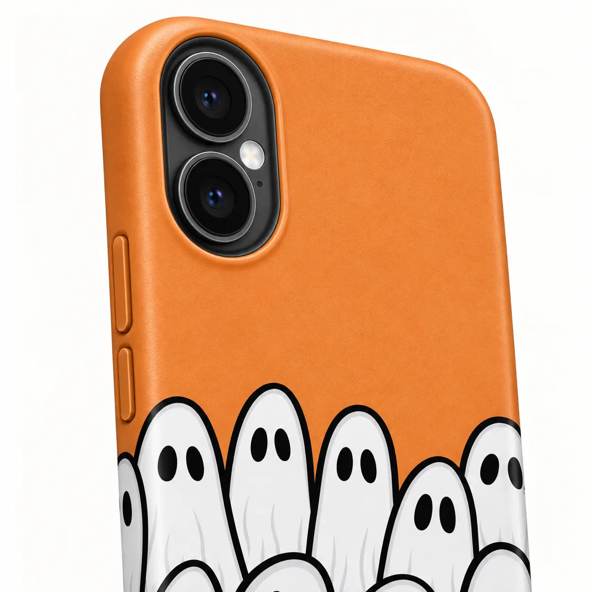 Connected iPhone dual-camera housing detail on orange ghost phone case