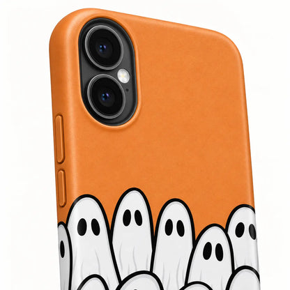 Connected iPhone dual-camera housing detail on orange ghost phone case
