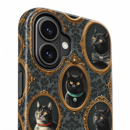 Connected iPhone camera housing on Victorian cat portrait case